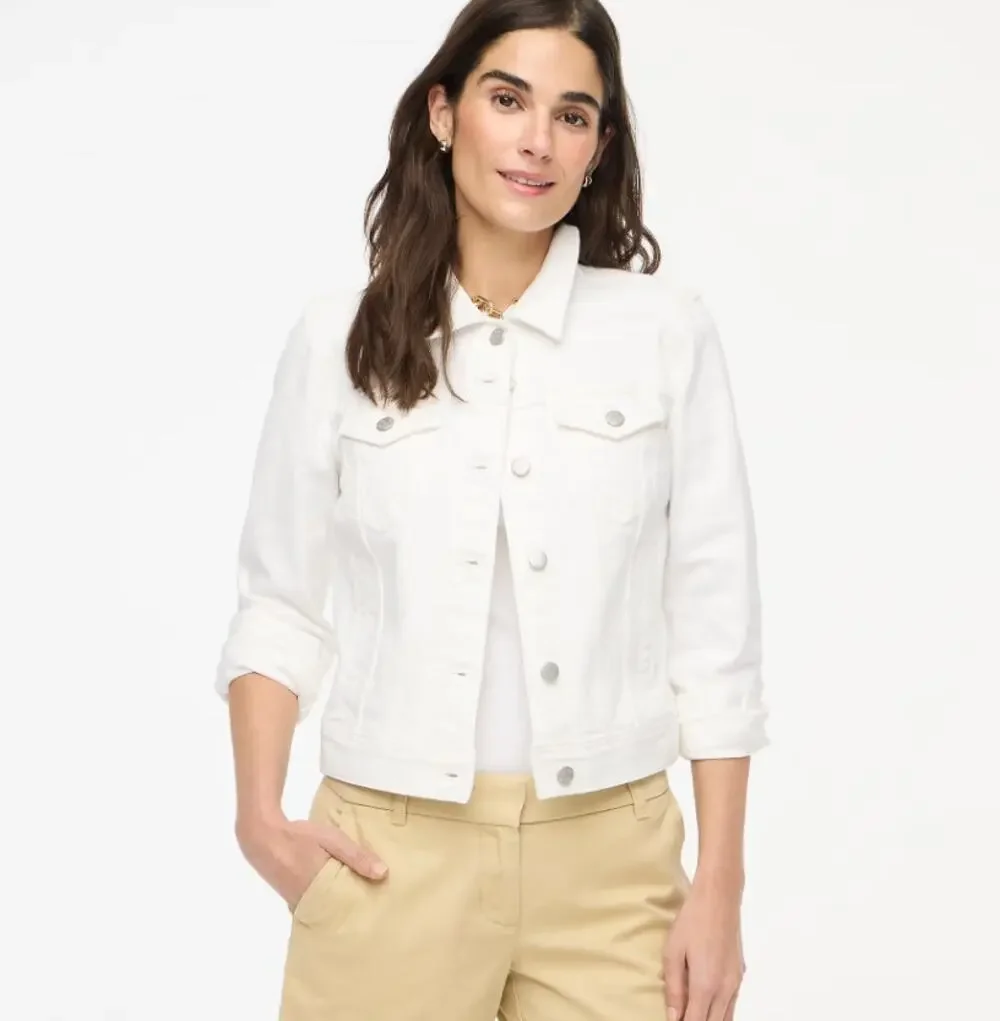 J.Crew Classic Jean Jacket WMNS L White Wash Button Up Stretch Pockets Collared